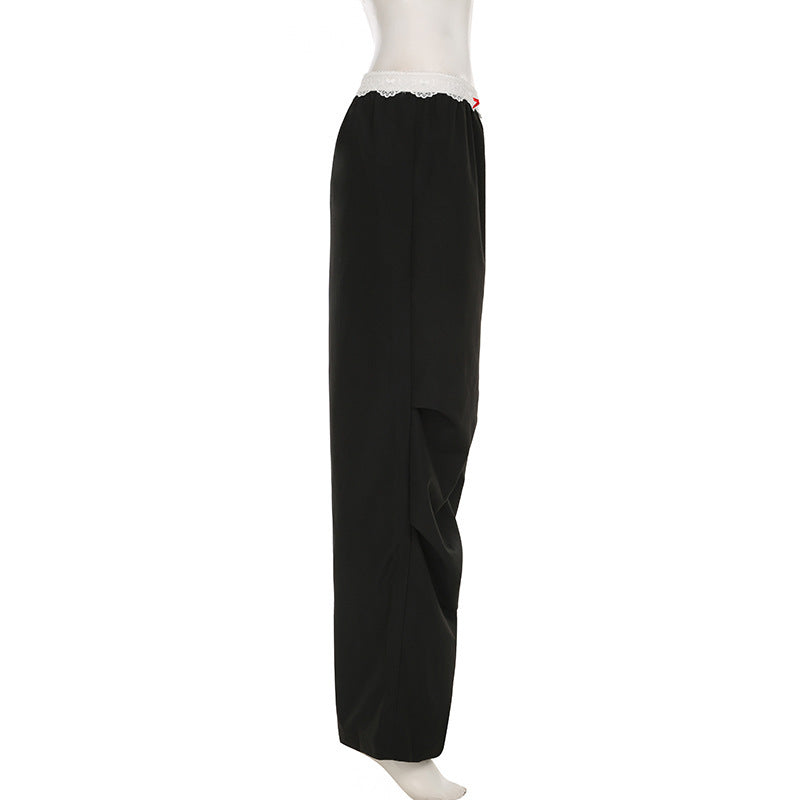 Lace Trim High Waist Baggy Cargo Pants Wide Leg