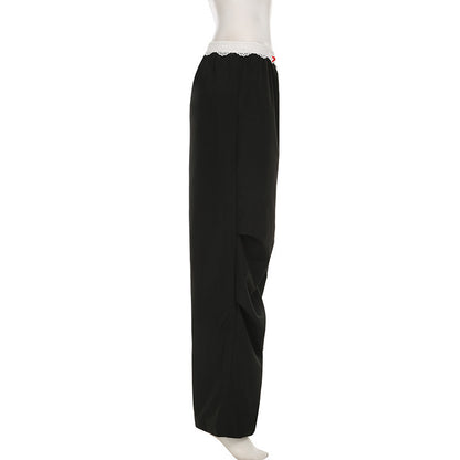Lace Trim High Waist Baggy Cargo Pants Wide Leg
