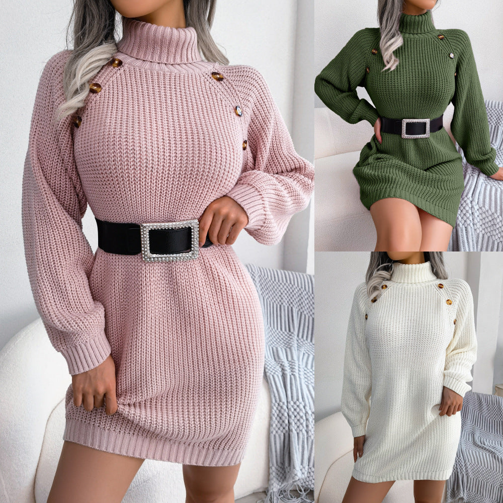 Chunky Knit Turtleneck Button Detail Sweater Dress