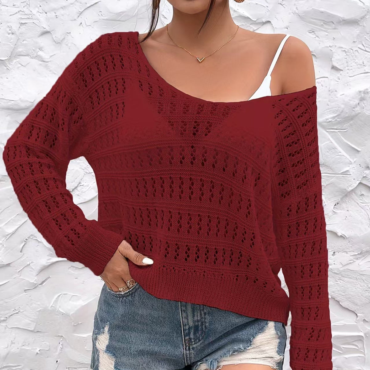 Off Shoulder Crochet Sweater Long Sleeve Cover Up