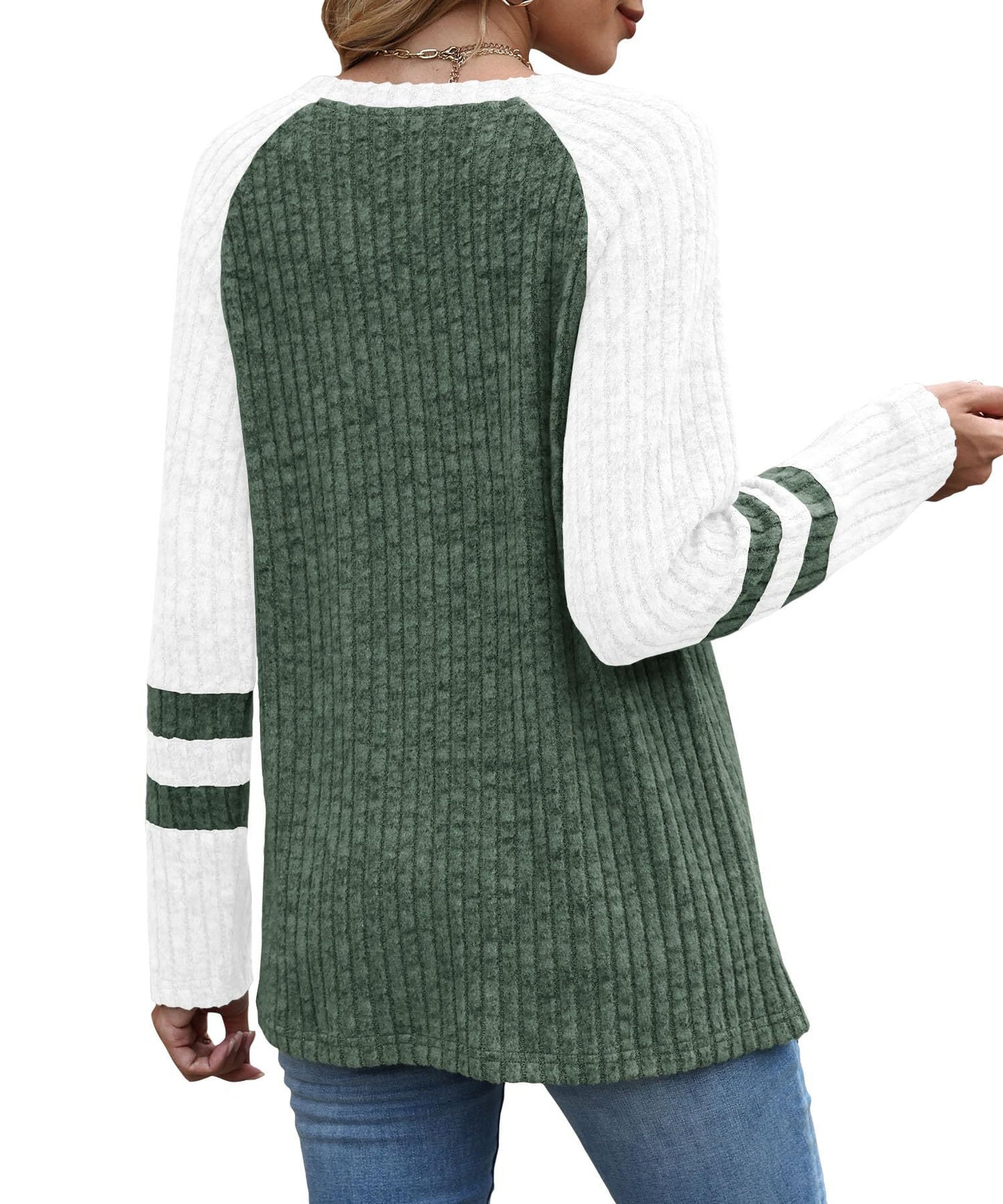 Colorblock Ribbed Knit Sweater Women Casual Pullover Top