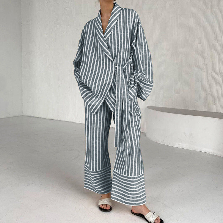 Striped Belted Top and Wide Leg Pants Matching Set