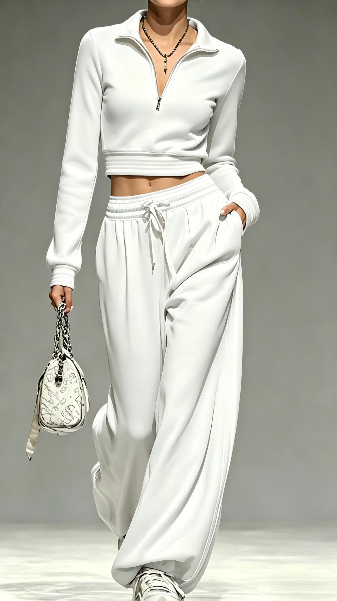 Womens 2 Piece Half Zip Crop Top Wide Leg Sweatpants Set