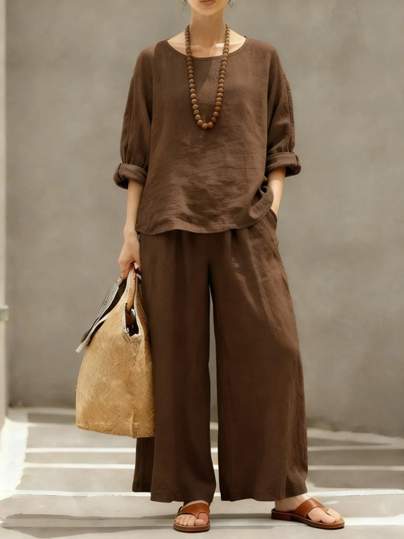 Women's Linen Cotton Matching Set Wide Leg Pants Two Piece