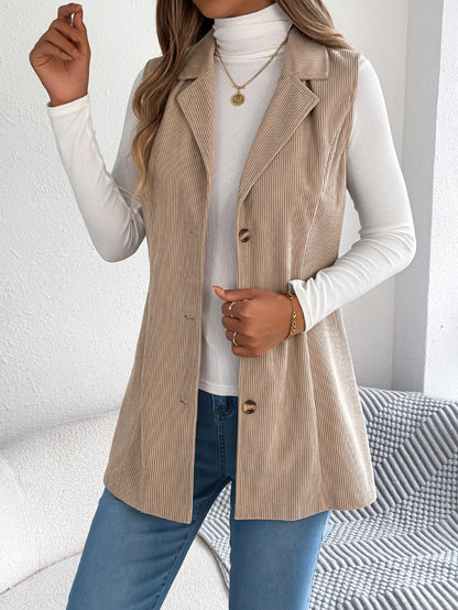 Women's Corduroy Blazer Vest Longline Sleeveless Jacket
