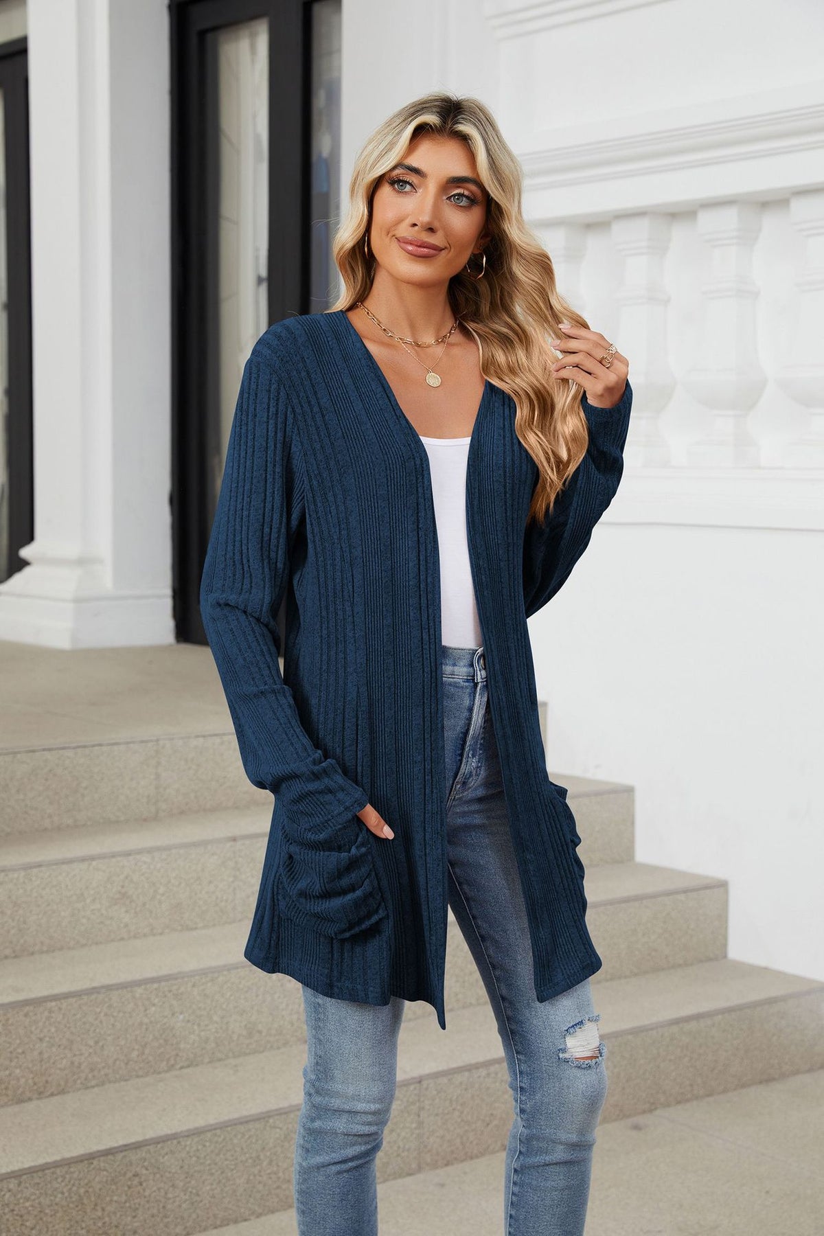 Women's Long Sleeve Ribbed Open Front Cardigan Pockets