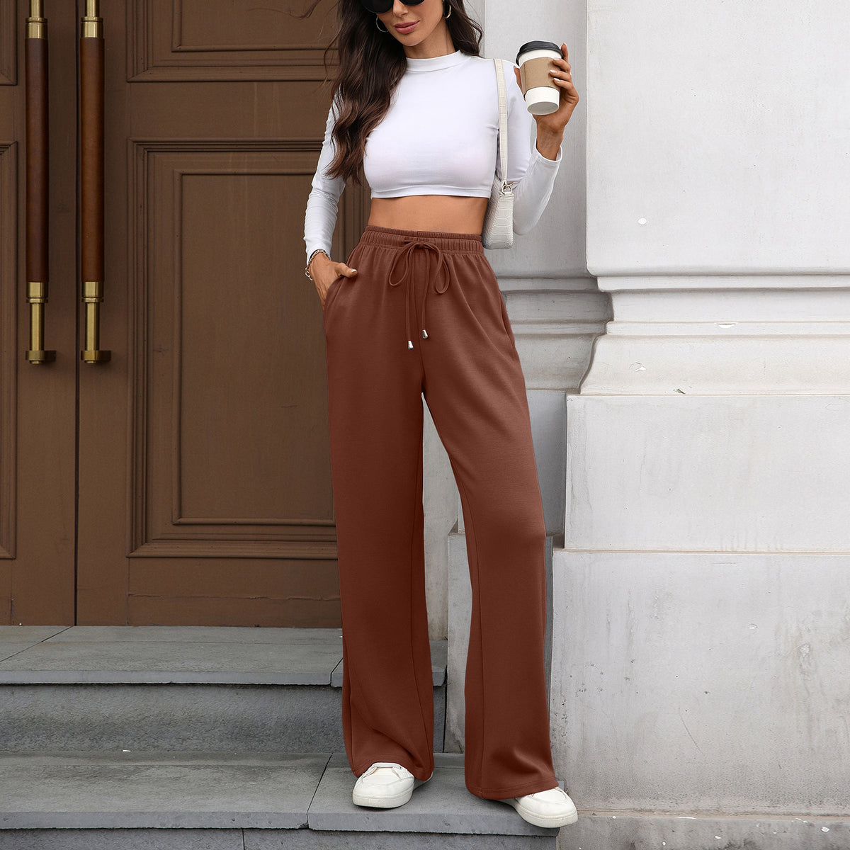 Womens Wide Leg Pants Elastic Waist Drawstring Pockets