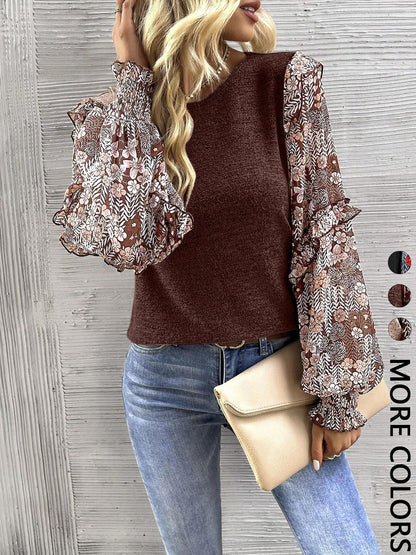 Women's Floral Puff Sleeve Ruffle Contrast Knit Blouse