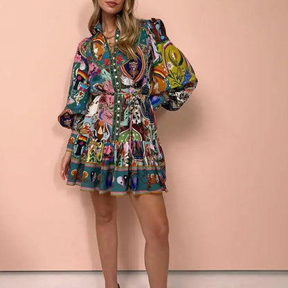 Women's Boho Printed Tie Waist Ruffle Mini Dress