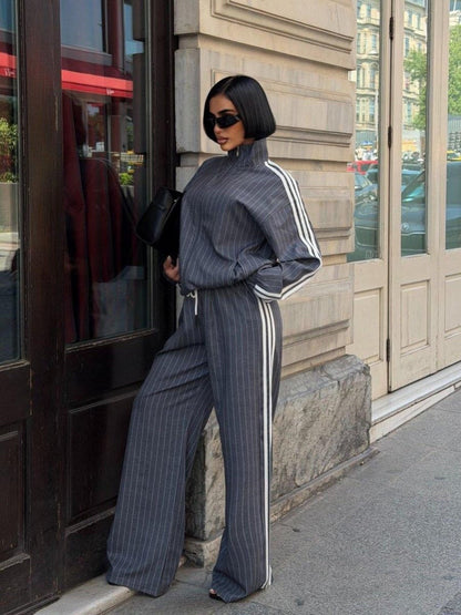 Women Side Stripe Zip Jacket Wide Leg Pants Two Piece Set