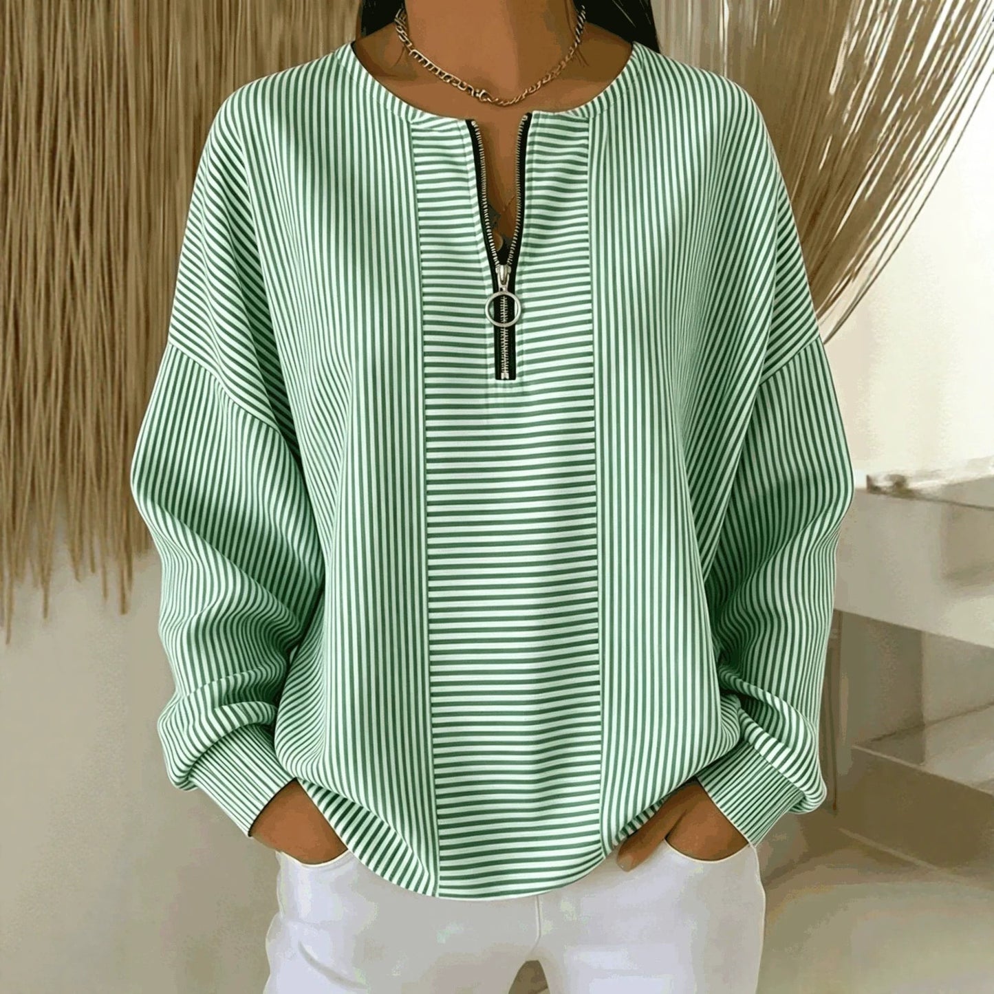 Women's Oversized Striped Half Zip Long Sleeve Top