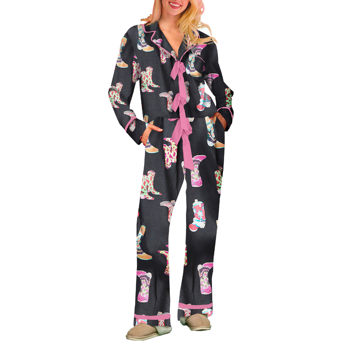 Women's Striped Bow Pajama Set Cotton Long Sleeve Pants