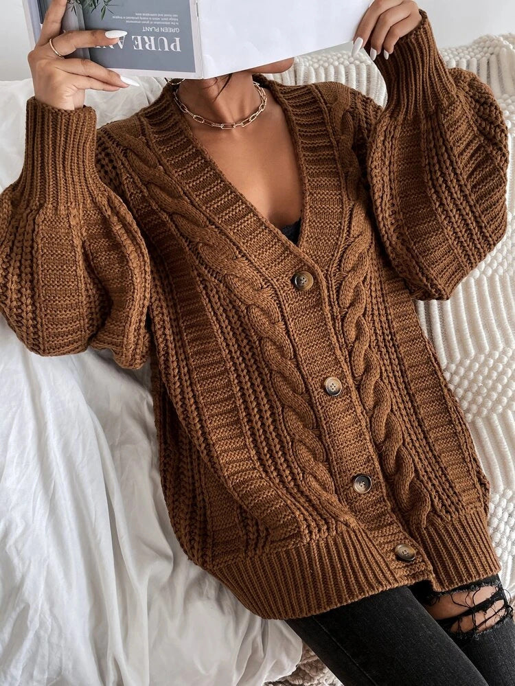 Oversized Cable Knit V-Neck Balloon Sleeve Cardigan