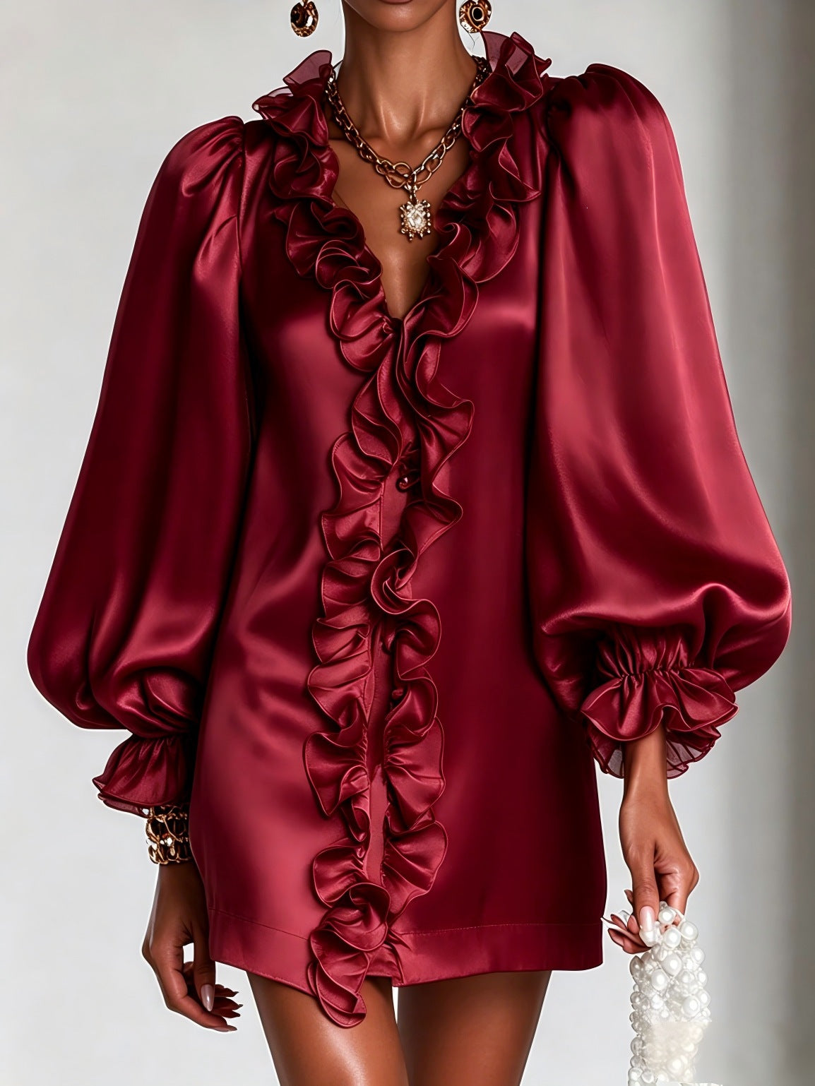 Women's Puff Sleeve Ruffle Deep V-Neck Mini Dress