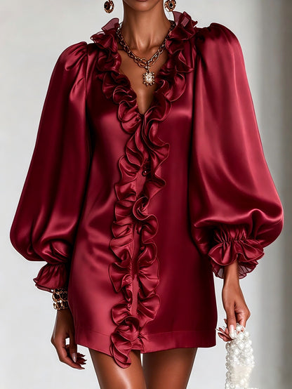 Women's Puff Sleeve Ruffle Deep V-Neck Mini Dress