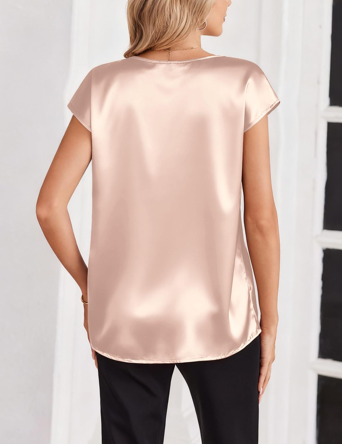 Satin V-Neck Short Sleeve Top Elegant Work & Casual Blouse