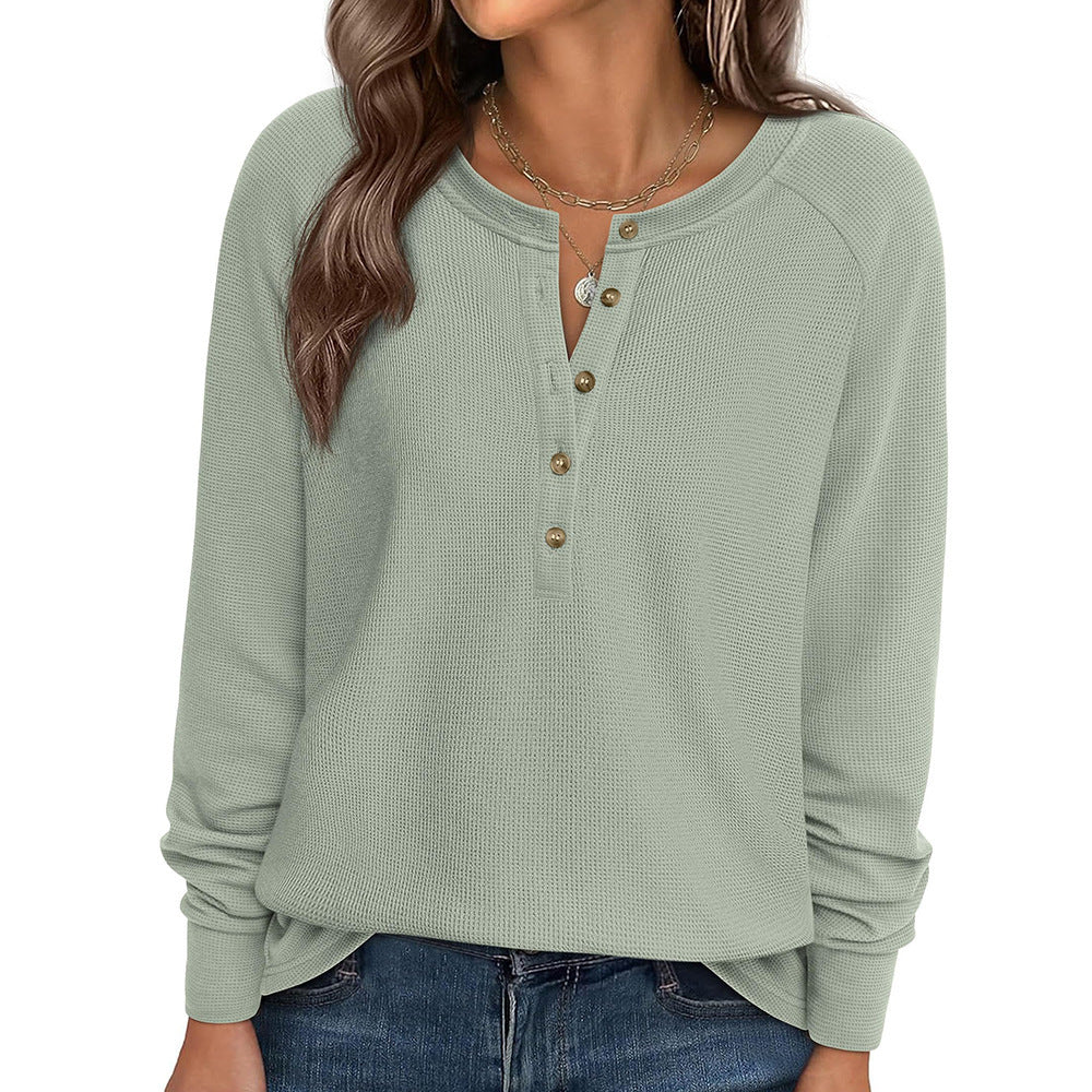 Waffle Knit Henley Top Button V Neck Long Sleeve Tee