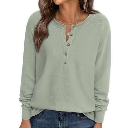 Waffle Knit Henley Top Button V Neck Long Sleeve Tee