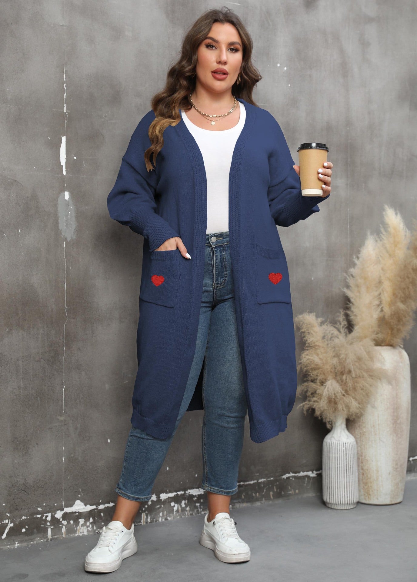 Women's Loose Medium and Long Double Pocket Lantern Sleeve Sweater Cardigan Jacket