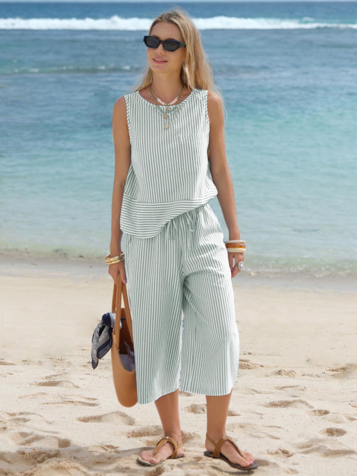 Striped Cotton Matching Set Sleeveless Top Capri Pants Casual