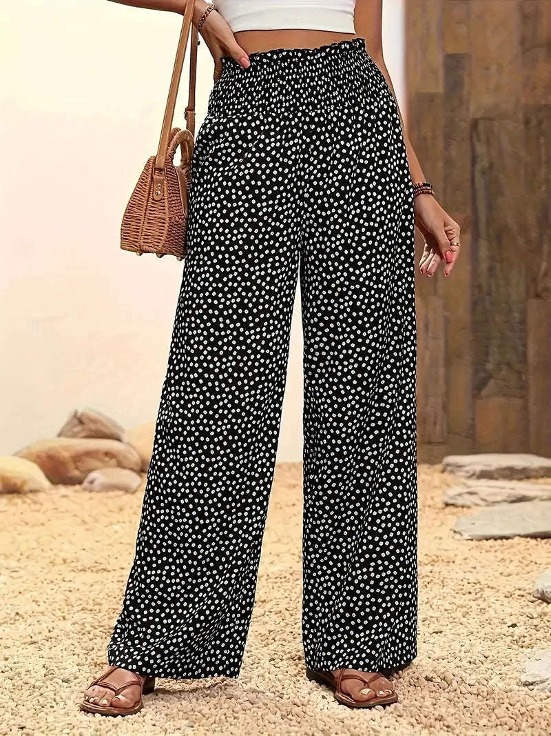 Women's Polka Dot Elastic Waist Wide Leg Casual Pants