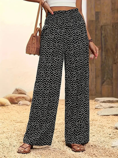 Women's Polka Dot Elastic Waist Wide Leg Casual Pants