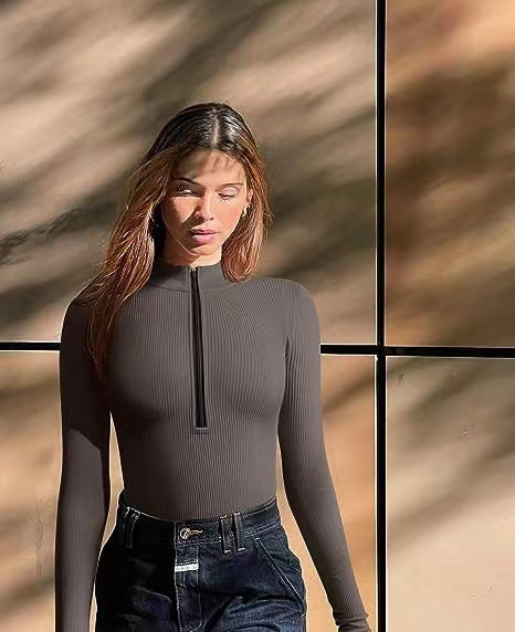 Sexy Ribbed Zip Front Long Sleeve Bodysuit