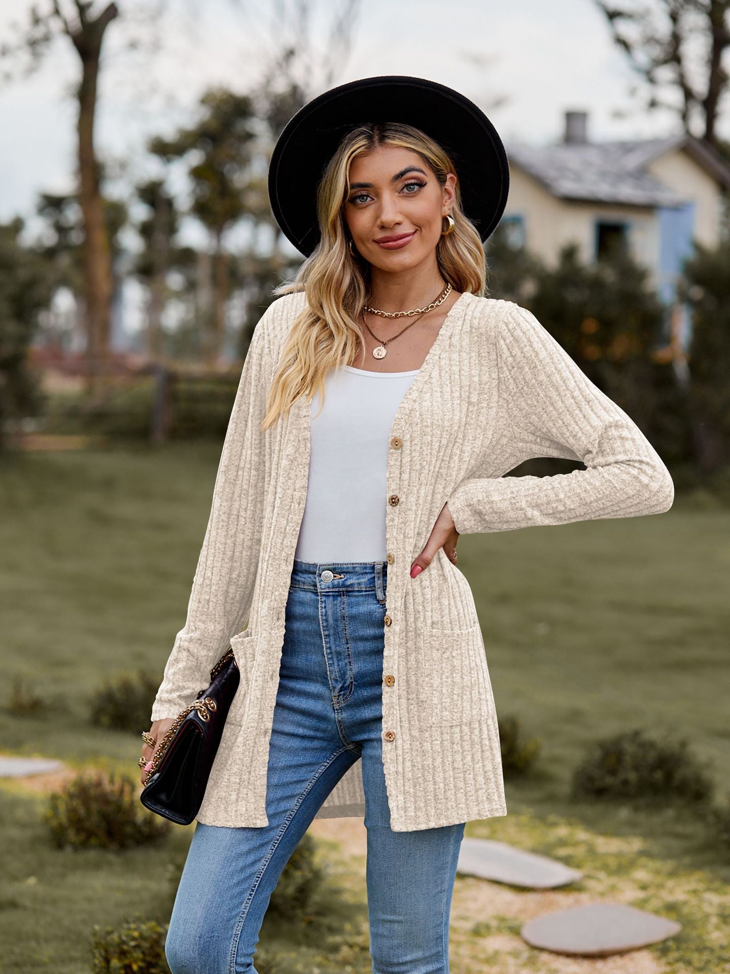 Ribbed Knit Cardigan Long Sleeve Button Pocket Sweater