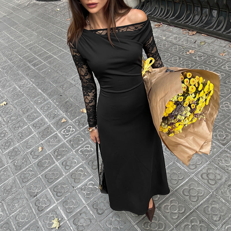Sexy Black Lace One Shoulder Long Sleeve Maxi Dress