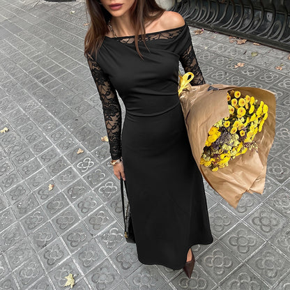 Sexy Black Lace One Shoulder Long Sleeve Maxi Dress