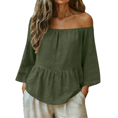 Linen Off Shoulder Blouse Relaxed Fit Boho Top
