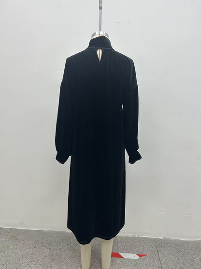 Elegant Velvet Tie Neck Midi Dress Long Puff Sleeve