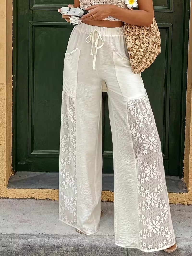 Women's Lace Panel Wide Leg Pants High Waist Drawstring
