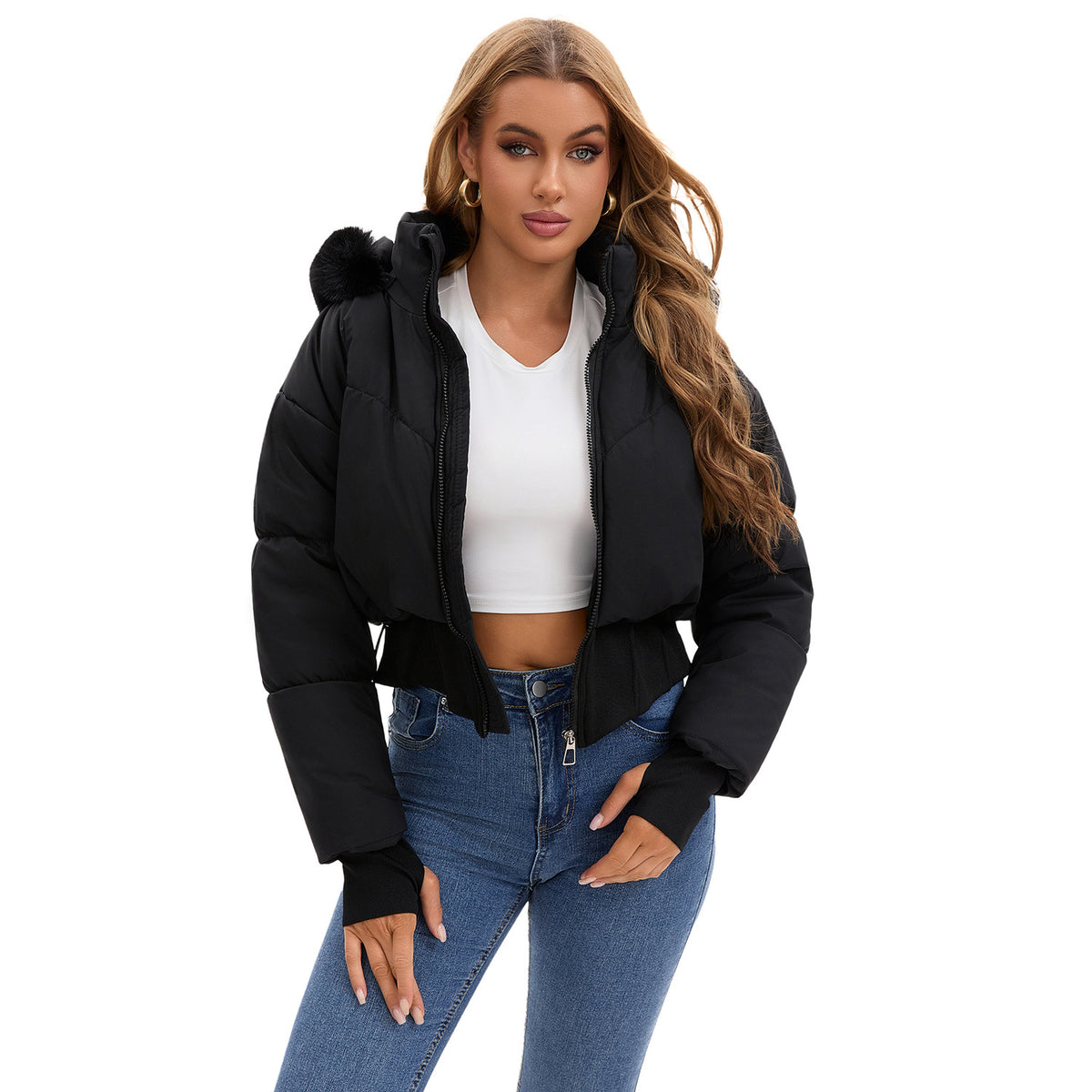 Women's Faux Fur Hood Cropped Cinch Waist Puffer Jacket