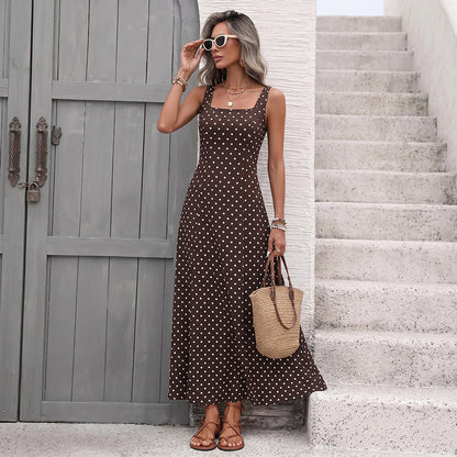 Brown Polka Dot Square Neck Sleeveless Maxi Dress Summer Vacation