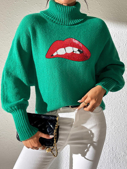 Ladies Bottom Shirt Sequin Embroidered Lip Turtleneck