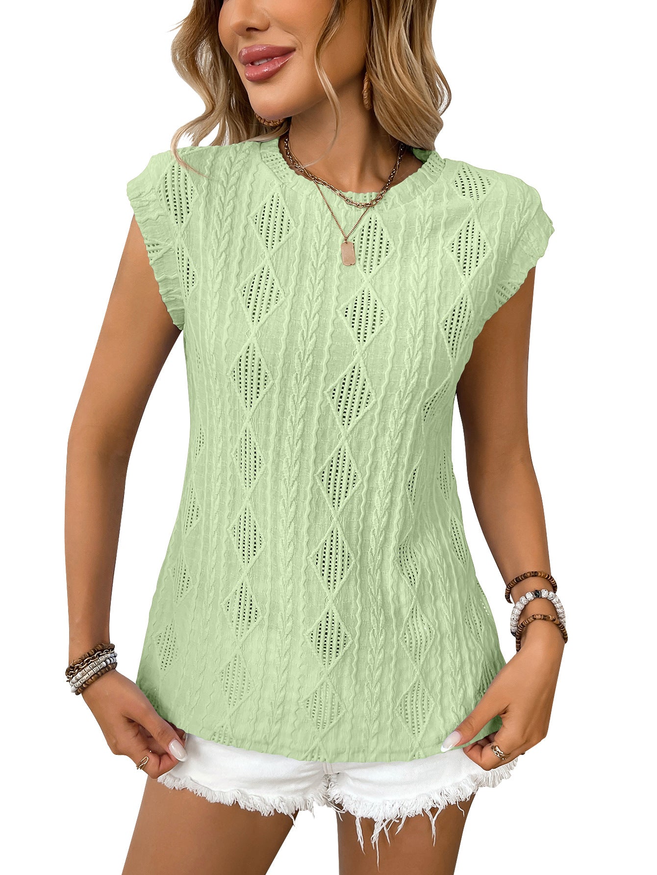 Women's Jacquard Sleeveless Top – Casual Summer Tank Blouse