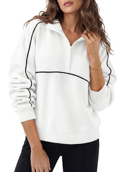 Quarter Zip Pullover Sweatshirt Contrast Piping Relaxed Fit