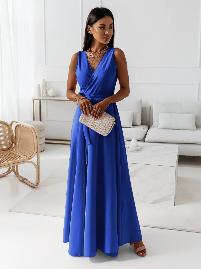 Women's Sleeveless V-Neck Belted A-Line Maxi Dress