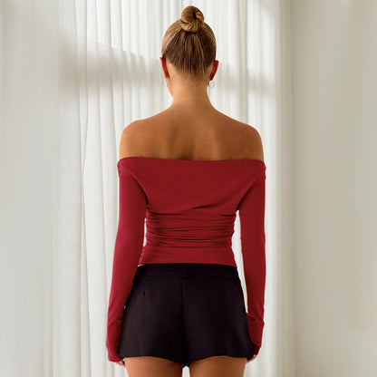 Women's Off Shoulder Ruched Long Sleeve Fitted Crop Top