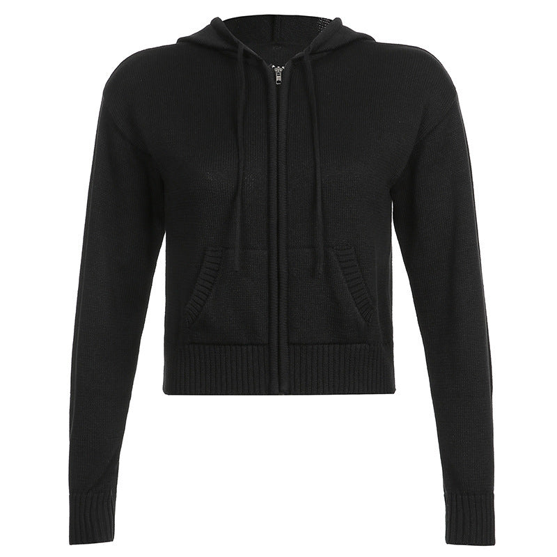 Women's Cropped Zip-Up Hooded Knit Cardigan with Pockets