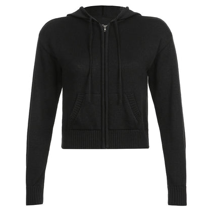 Women's Cropped Zip-Up Hooded Knit Cardigan with Pockets