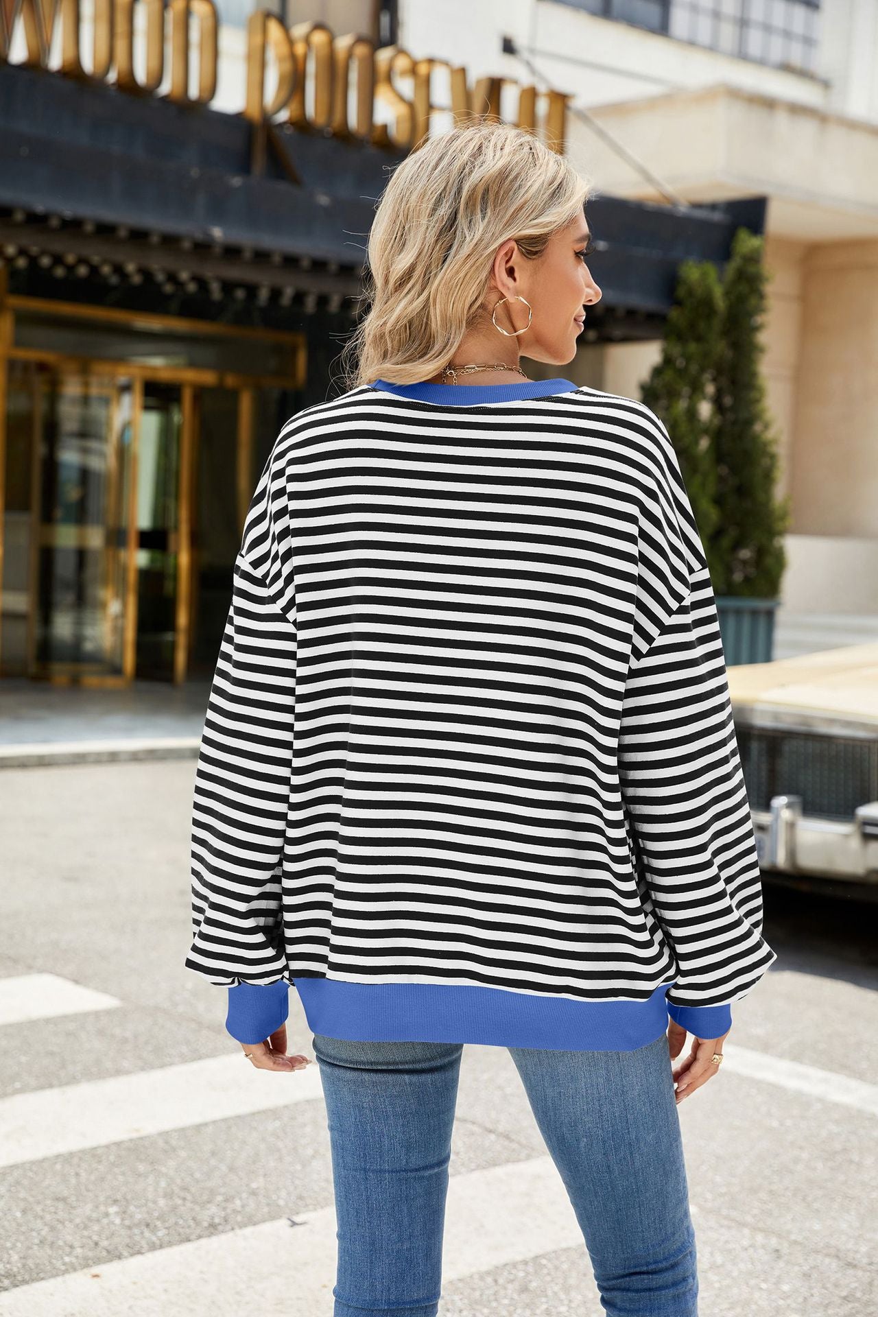 Striped Color Block Crew Neck Oversized Sweatshirt