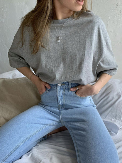 Solid Cotton T Shirt Loose Fit Crewneck Casual Top