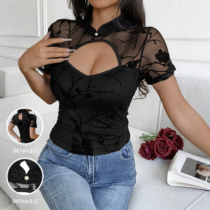 Sexy Chinese Style Sheer Mesh Flocked Cut-Out Top