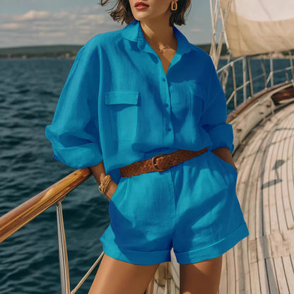 Women's 2 Piece Linen Shirt & Shorts Matching Set
