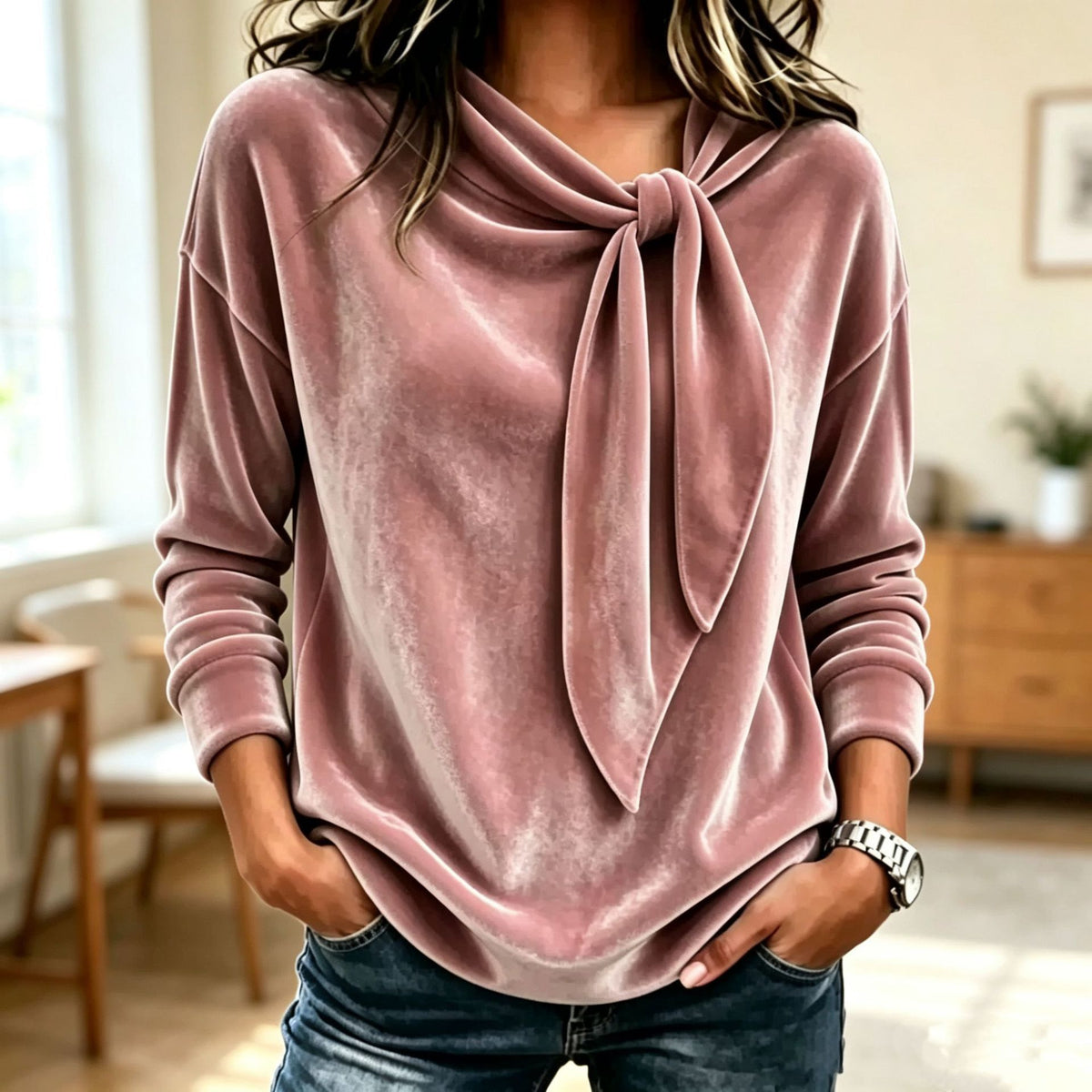 Women's Velvet Bow Neck Long Sleeve Top