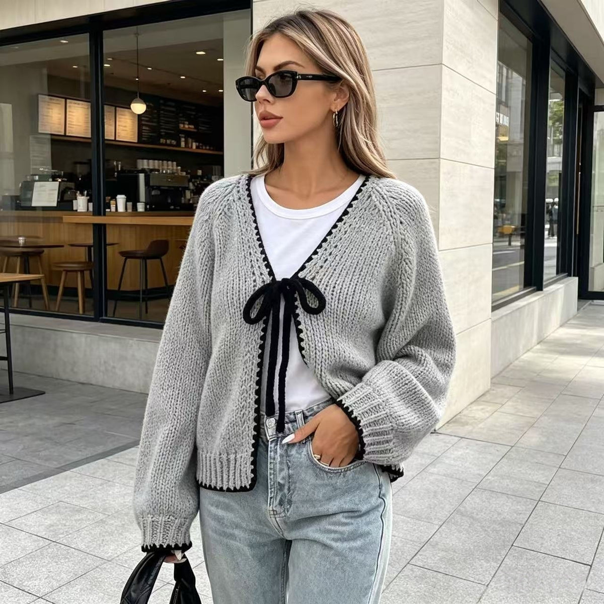 Oversized Chunky Knit Tie Front Bow Cardigan Sweater