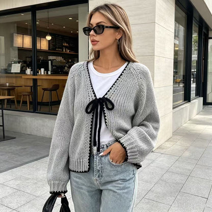 Oversized Chunky Knit Tie Front Bow Cardigan Sweater