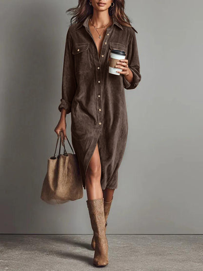 Women's Corduroy Shirt Dress Long Sleeve Button Down Midi